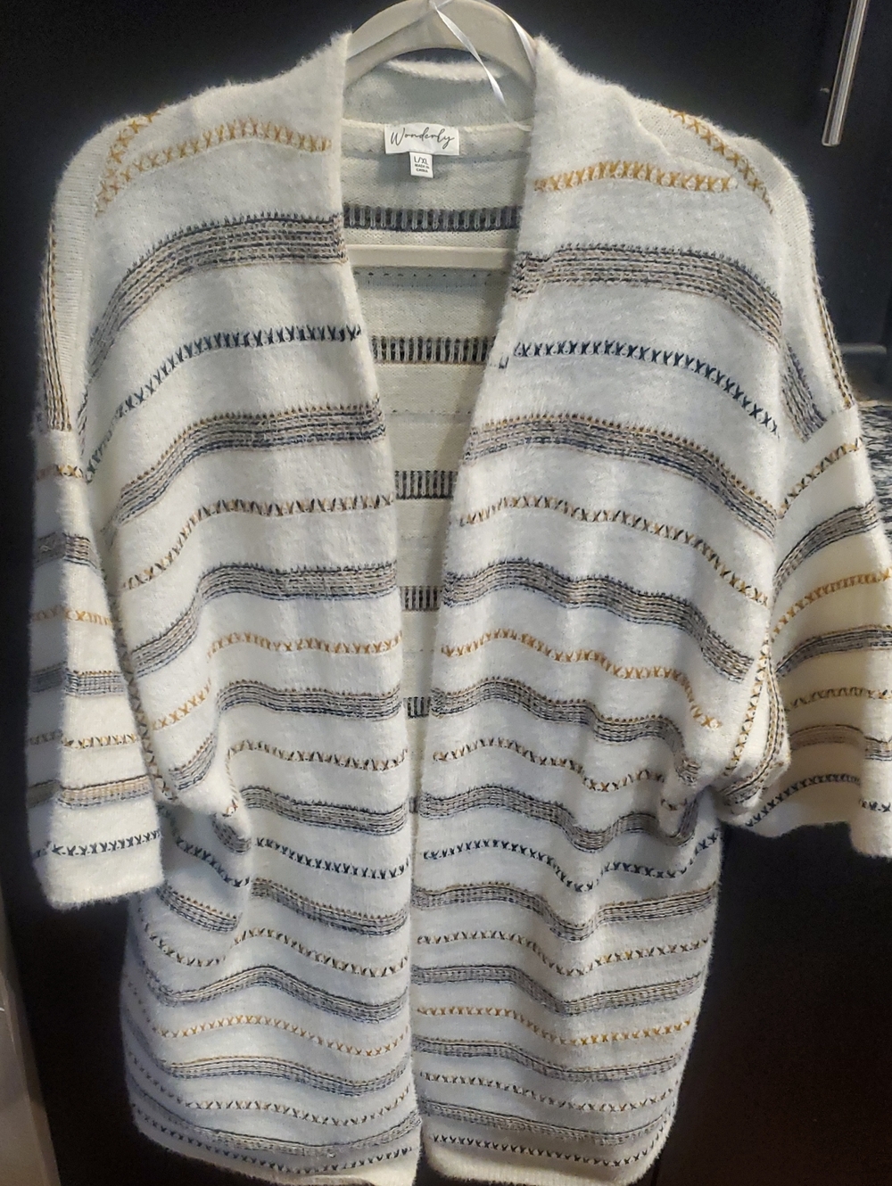 Wonderly Cream Open-Front Striped Cardigan with Black and Tan Accents